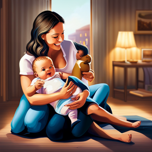An image showcasing the pure joy of parenthood at home: a beaming mother cradling her giggling baby in her arms, surrounded by toys scattered on the floor, sunlight streaming through a window, and a colorful mobile spinning above them