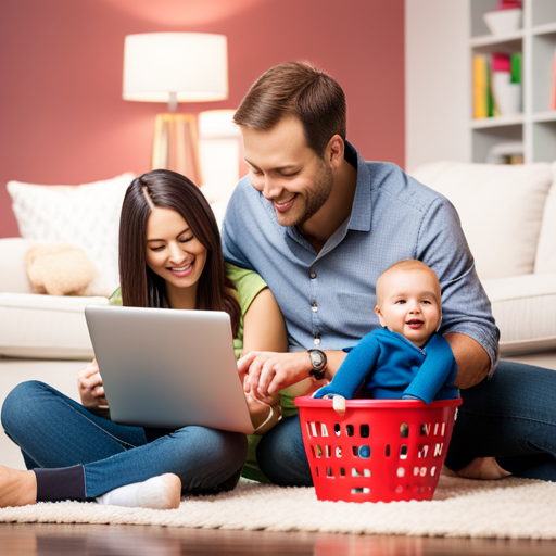 An image showcasing a parent working on a laptop while cradling a content baby in their other arm