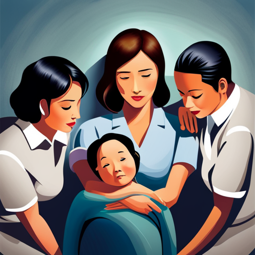An image showcasing a serene mother surrounded by a supportive circle of healthcare professionals, with empathetic expressions, listening attentively and offering guidance, symbolizing the importance of seeking professional help during postpartum depression