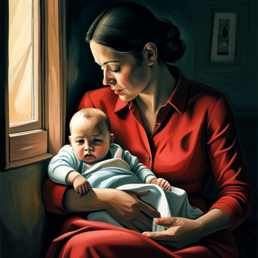 An image that portrays a new mother, her face masked by a heavy shadow, sitting alone in a dimly lit room, gazing blankly out the window while cradling her baby, capturing the isolating and desolate reality of postpartum depression