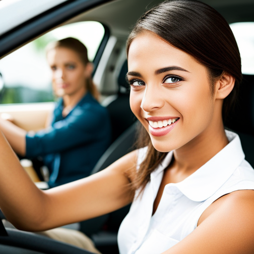 An image featuring a nervous teenager sitting behind the wheel of a car, surrounded by a driving instructor and a clipboard-wielding examiner