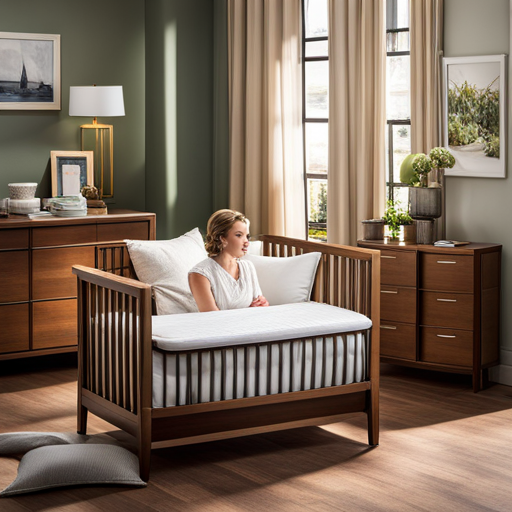 An image depicting a serene nursery bathed in soft sunlight, with a cozy crib adorned with a plush blanket and a soothing mobile