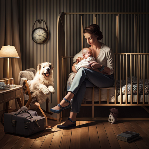 An image featuring a tired parent sitting on the edge of a cluttered crib, gently rocking their wide-eyed baby