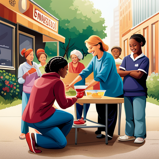 An image showcasing a diverse group of individuals joyfully engaged in various volunteer activities, such as serving meals at a soup kitchen, planting trees, mentoring children, and cleaning up a local park