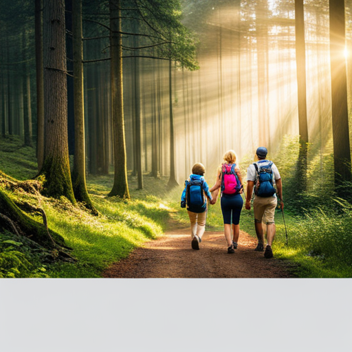  the joy of a family hiking trip as they navigate through a dense forest, sunlight filtering through the towering trees, their laughter echoing in the tranquil wilderness