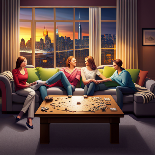 An image showcasing a cozy living room scene: a family gathered around a coffee table scattered with board games and puzzle pieces