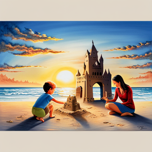 An image capturing a serene sunset on a sandy beach, where a family joyfully builds a towering sandcastle together