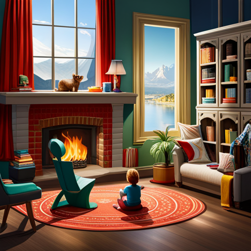 An image of a cozy living room with a roaring fireplace, where children sit on a large rug engrossed in an interactive story