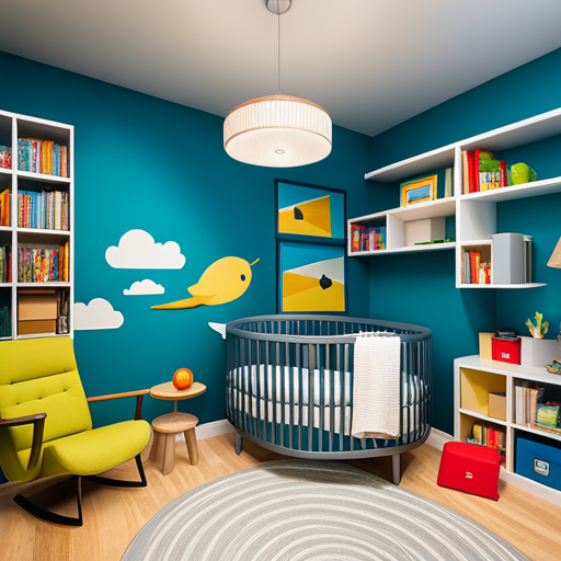 An image showcasing a brightly colored nursery with an array of age-appropriate toys, interactive books, and educational posters on the walls