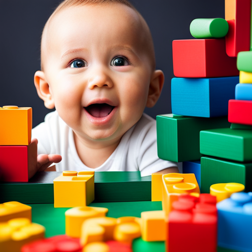 An image showcasing a baby engaged in imaginative play, surrounded by colorful building blocks, puzzles, and books
