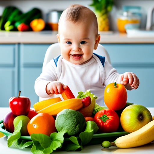 An image of a cheerful baby sitting in a highchair, surrounded by vibrant fruits and vegetables on the tray