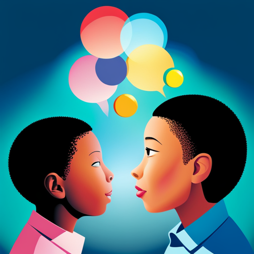 An image showcasing two children from diverse cultural backgrounds engaging in a conversation, their faces lit up with excitement, as colorful thought bubbles burst forth, representing the cognitive and social benefits of bilingualism