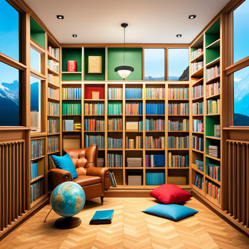 An image showcasing a vibrant bookshelf filled with children's literature in multiple languages, accompanied by a cozy reading nook
