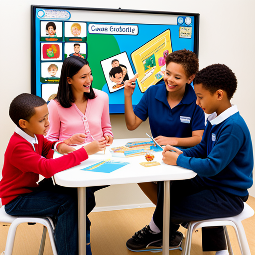 An image showcasing a diverse classroom scene, with children engaged in interactive language activities