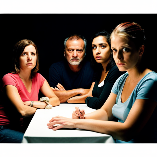 An image showing a teenage girl, arms crossed, facing her parents who are sitting at a table