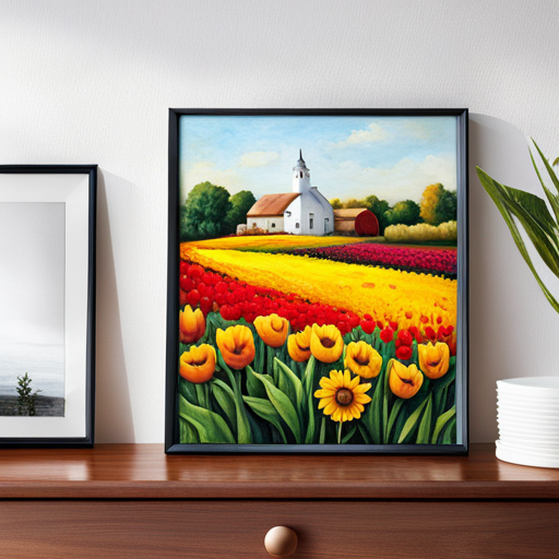 An image of a vibrant garden, where a solitary sunflower blooms amidst a sea of tulips