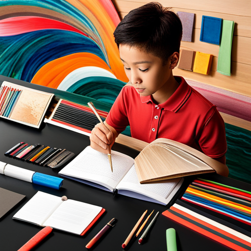 An image that captures a teenager immersed in their passion, surrounded by a vibrant palette of art supplies, musical instruments, sports equipment, and books, showcasing their unique individuality and the unwavering support they receive