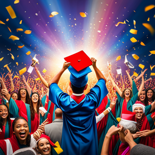 An image capturing a beaming teenager, adorned in a vibrant graduation cap and gown, holding a trophy high above their head while their proud parents cheer from the sidelines, surrounded by a confetti-filled atmosphere of joy and accomplishment
