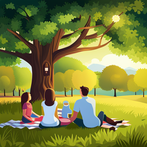 An image showcasing a family having a picnic under the shade of a towering tree in a park
