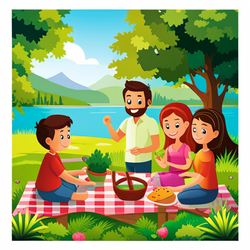 An image of a happy family enjoying a picnic at the park, surrounded by lush greenery