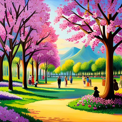 An image of a vibrant park scene, showcasing families picnicking under towering trees, children gleefully playing on swings and slides, and people peacefully strolling along winding paths surrounded by blooming flowers and lush greenery