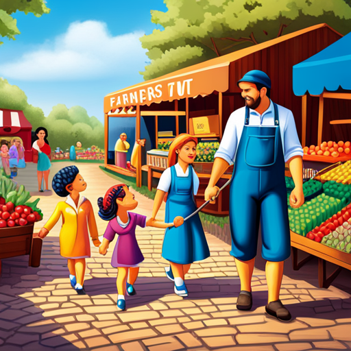 An image showcasing a cheerful family of four, strolling through a vibrant farmers market