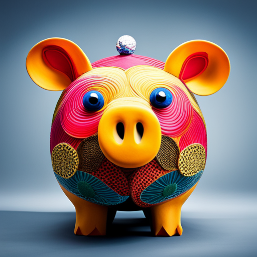 An image showcasing a vibrant, makeshift piggy bank made from recycled materials, adorned with colorful paper mache and filled with coins