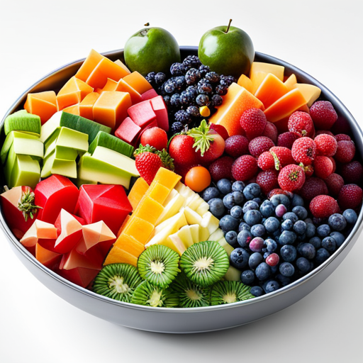 An image showcasing a vibrant fruit salad, brimming with juicy watermelon slices, tangy orange segments, succulent grapes, and refreshing berries, all artfully arranged in a playful, rainbow pattern