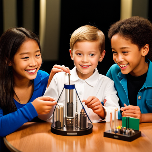 An image capturing the excitement of school-age children exploring a science museum exhibit, their faces beaming with wonder as they interact with hands-on experiments, colorful displays, and a knowledgeable guide