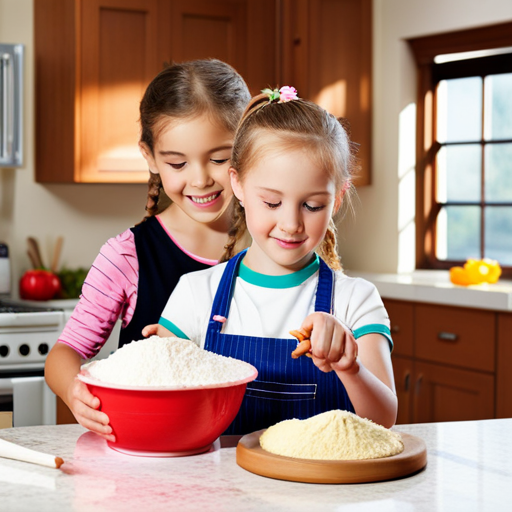 An image showcasing school-age children in a vibrant kitchen, eagerly mixing batter in colorful bowls, surrounded by various baking ingredients, with the sunlight streaming through a window and highlighting their joyful expressions