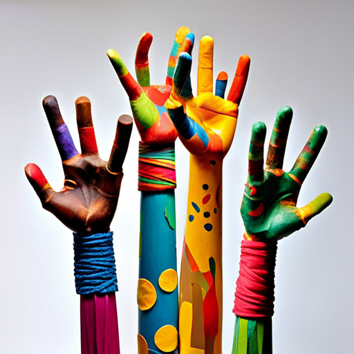 An image showcasing a vibrant collage of paint-splattered hands, colorfully woven friendship bracelets, and whimsical paper mache sculptures, capturing the essence of artistic exploration and creativity in summer crafts for school-age children