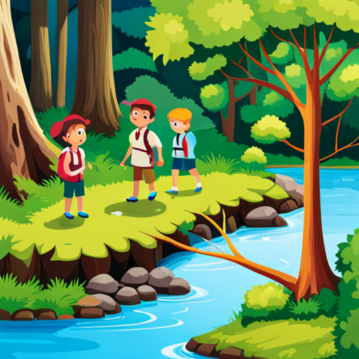 An image capturing the pure joy of school-age children exploring a lush forest, climbing trees, crossing a babbling creek on stepping stones, and spotting colorful birds flying overhead during their adventurous summer escapades
