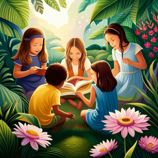 An image showcasing a group of children in a lush botanical garden, surrounded by vibrant blossoms and diverse animal species