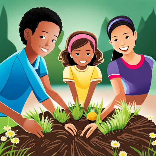 An image of a group of diverse children planting trees together in a vibrant, urban garden