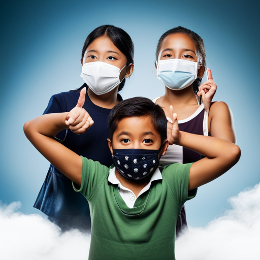 An image featuring a group of diverse children wearing masks, holding placards with symbols representing air pollution sources (e