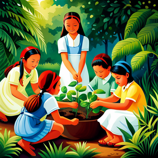 An image of a group of children enthusiastically planting saplings in a lush garden, showcasing their joyous faces as they dig, water, and nurture the young plants, fostering a love for environmental conservation