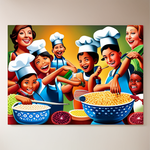 An image capturing the joyous chaos of a group of young chefs, wearing colorful aprons and excitedly stirring batter, while surrounded by an array of vibrant fruits, vegetables, and kitchen utensils