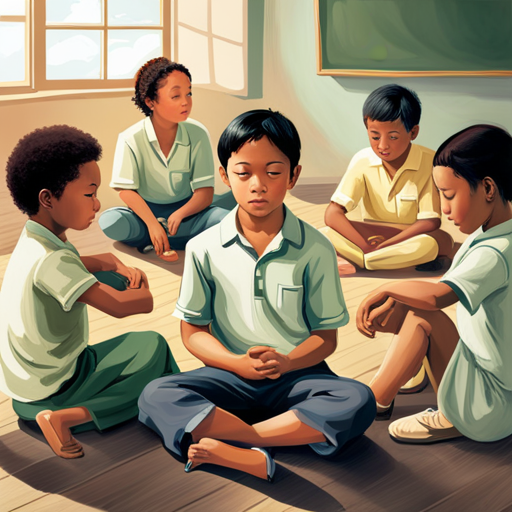 An image highlighting a diverse group of children sitting cross-legged in a sunlit classroom, eyes closed, hands resting on their laps, as a tranquil atmosphere is enhanced by soft, diffused colors and a subtle presence of nature