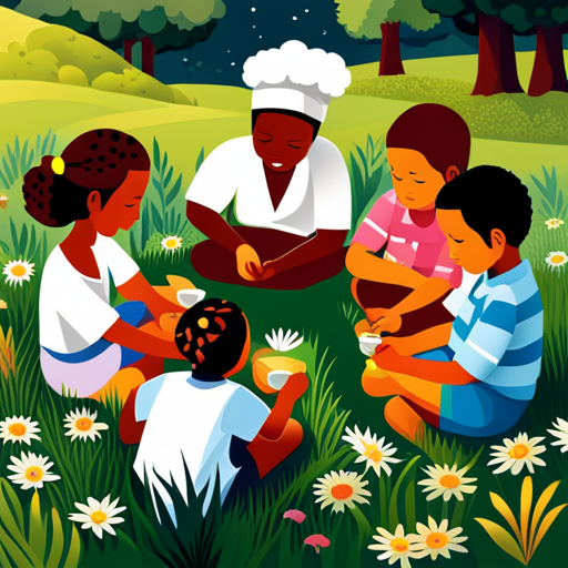 An image showing a group of children sitting in a circle outdoors, eyes closed, as they hold small objects in their hands, fully absorbed in the moment, practicing mindful observation