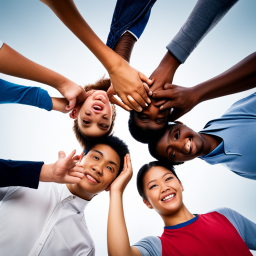 An image depicting a group of diverse teenagers engaged in a team-building activity, such as a trust fall exercise, showcasing their emotional intelligence through supportive gestures, empathetic expressions, and confident body language