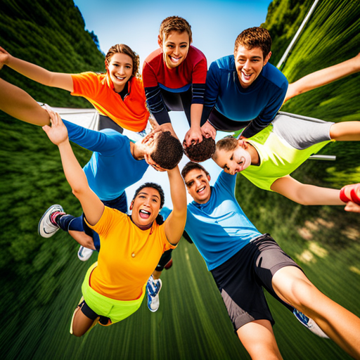 An image of a diverse group of teenagers engaged in a team-building activity, such as building a human pyramid or participating in a ropes course, showcasing their collaboration and teamwork skills