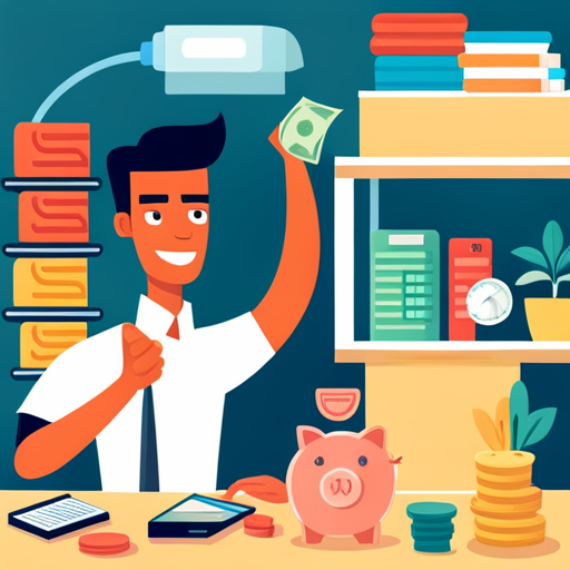 An image depicting a teenager confidently juggling a piggy bank, calculator, and stack of money, surrounded by books with titles like "Budgeting Basics" and "Investment Strategies," emphasizing the significance of financial literacy for teens