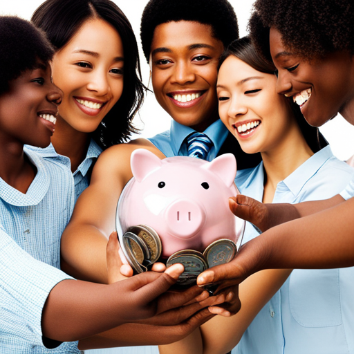 An image showcasing a diverse group of teens joyfully pooling their money into a transparent piggy bank, symbolizing their collaborative saving efforts