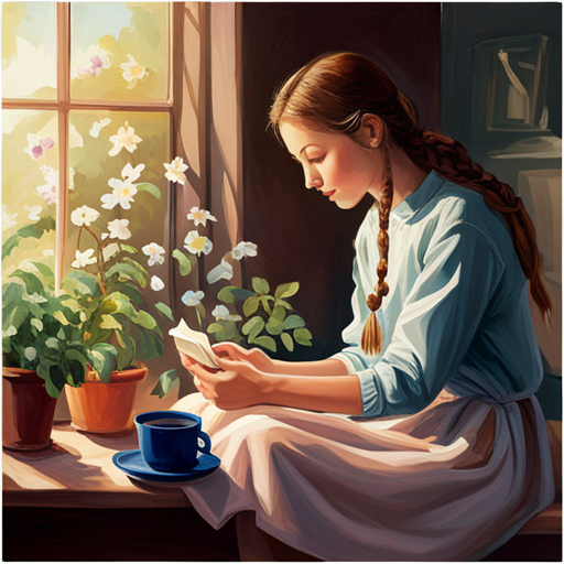 An image capturing a teenager sitting on a sunlit windowsill, engrossed in a calming activity like journaling or meditating, surrounded by potted plants, a cozy blanket, and a cup of herbal tea
