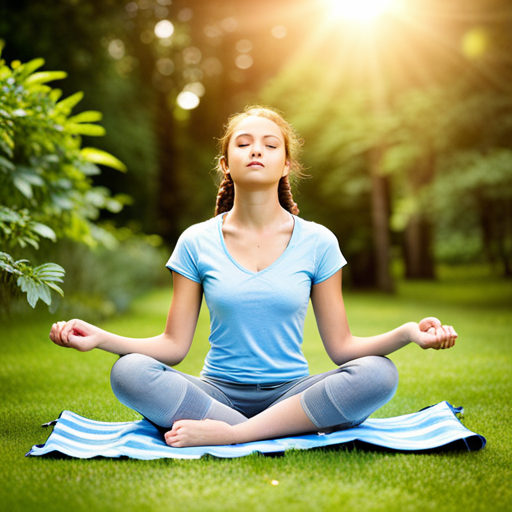 An image showcasing a teenager engaging in a peaceful morning routine, unwinding with meditation, stretching, and enjoying a nutritious breakfast, surrounded by plants and natural light, inspiring healthy habits for teens