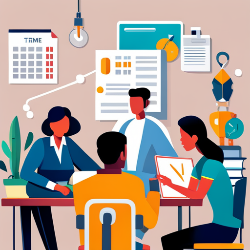 An image depicting a teenage student sitting at a desk with a calendar and clock, surrounded by supportive figures like a mentor, teacher, and friends, symbolizing the importance of seeking support and accountability in teen time management