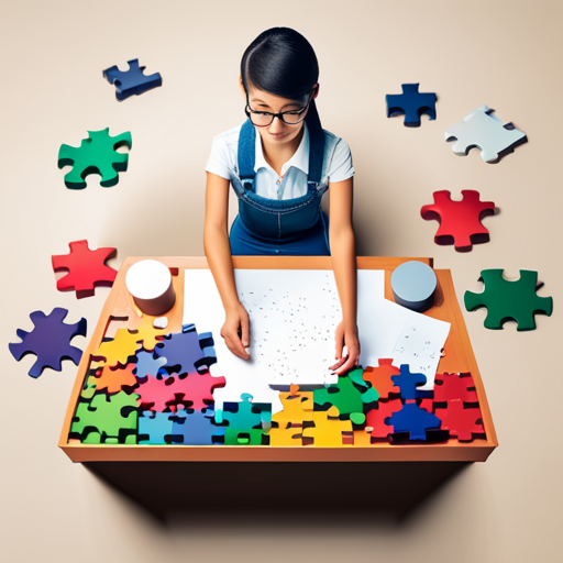 An image depicting a teenage girl sitting at a desk surrounded by various colorful puzzle pieces, symbolizing different tasks