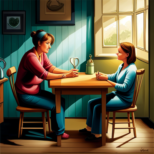 An image showcasing a teenager and their parent engaged in an open and respectful conversation, seated at a kitchen table