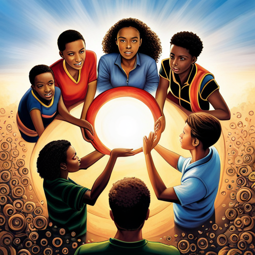An image depicting a confident teenager surrounded by a circle of diverse individuals