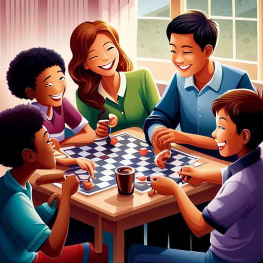 An image that showcases a group of diverse teenagers engaged in a supportive activity together, such as laughing while playing a board game or sharing a meal, emphasizing the importance of finding positive, encouraging friends
